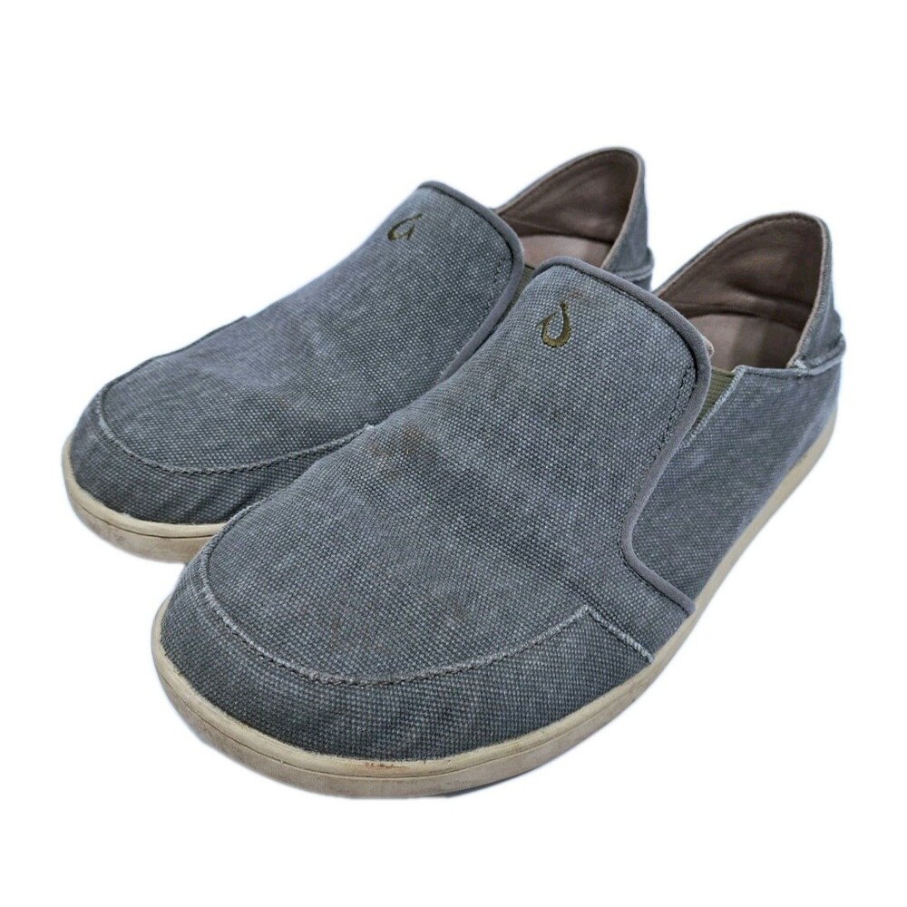 Olukai Nohea Lole Men's 9 Grey Canvas Slip On Casual Beach Loafer Boat Shoes